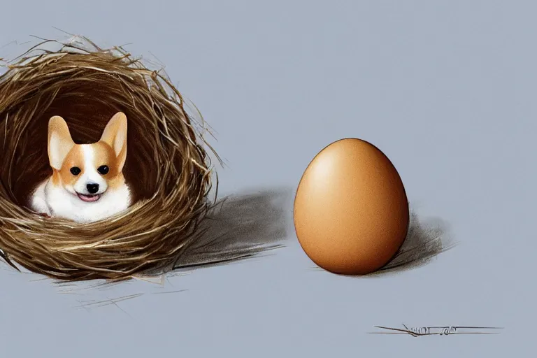 Image similar to a baby corgi crawling out of an egg in a nest, fantasy art, concept art, digital art, trending on artstation, 4 k, extremely detailed, realistic,