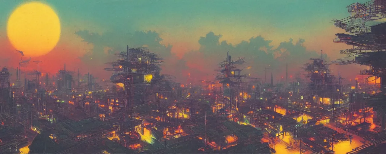 Prompt: awe inspiring bruce pennington cityscape, digital art painting of 1 9 6 0 s, japan at night, 4 k, matte