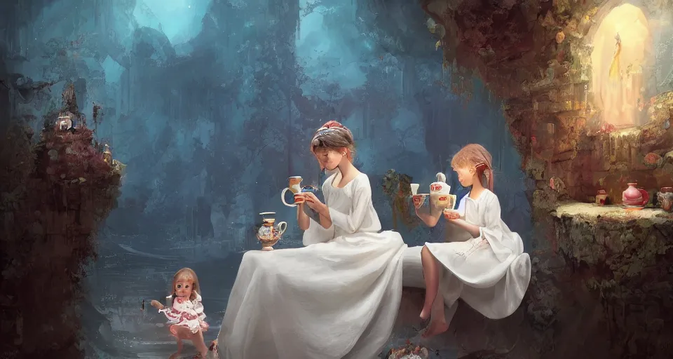 Image similar to a child girl in a white dress drinking tea in a room constructed out of warping tea cups by peter mohrbacher, vivid colors, matte painting, 8K, concept art, mystical color scheme, trending on artstation