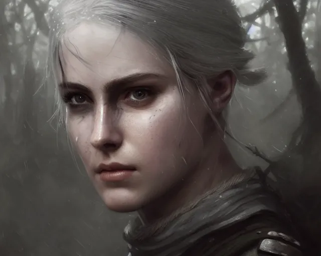 Prompt: 5 5 mm portrait photo of a real life tough looking battle hardened ciri with a thin face and a large scar across her left cheek, in a magical forest. dark atmosphere. art by greg rutkowski. highly detailed 8 k. intricate. lifelike. soft light. nikon d 8 5 0.