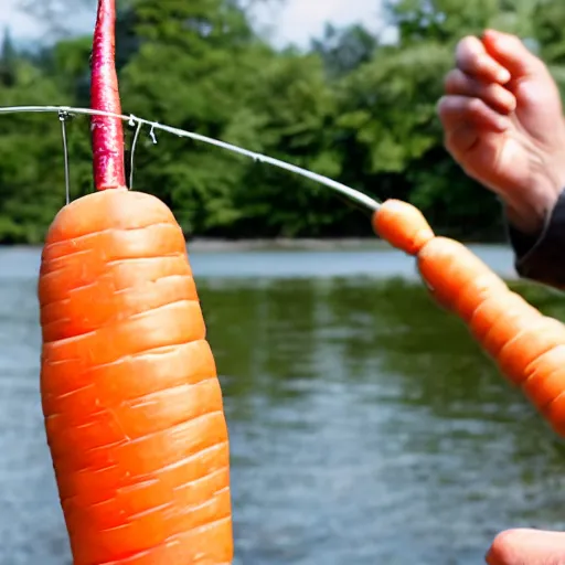 Image similar to dangling carrot in a fishing rod in front of a blonde man,