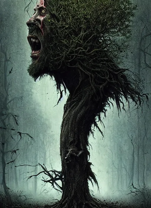 Image similar to highly detailed horror movie poster with angry creepy keanu reeves as a tree, keanu reeves faces in the bark of many trees sentient leafy catastrophe by greg rutkowski, masterpiece, really funny, 1 0 / 1 0 creepy