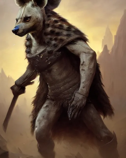 Image similar to oil painting of Anthropomorphized Angry Hyena Warrior, wearing fur cloak, sharp focus, holding Sabre, heroic pose, fantasy style, octane render, volumetric lighting, 8k high definition, by greg rutkowski, highly detailed, trending on art Station, magic the gathering artwork, Battlefield backround, centered