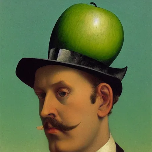 Prompt: Victorian gentlemen wearing a bowler hat behind the green apple, by magritte and beksinski