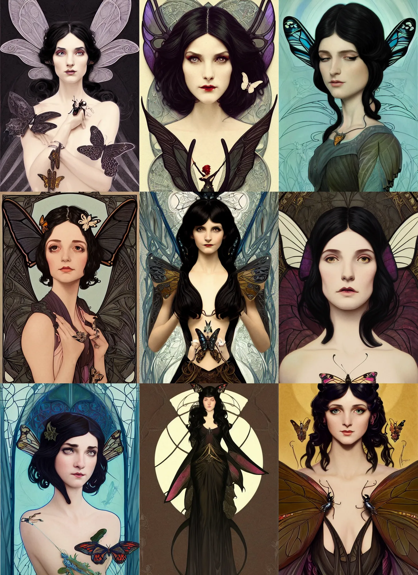 Prompt: centered portrait, Ellen Paige as a D&D Pixie, black hair, butterfly wings on her back, Art Nouveau, beautiful retro Fantasy heroine 1985, intricate, elegant, highly detailed, centered, digital painting, trending on artstation, concept art, smooth, sharp focus, illustration, art by raphael lacoste, eddie mendoza, Mucha, alex ross, WLOP