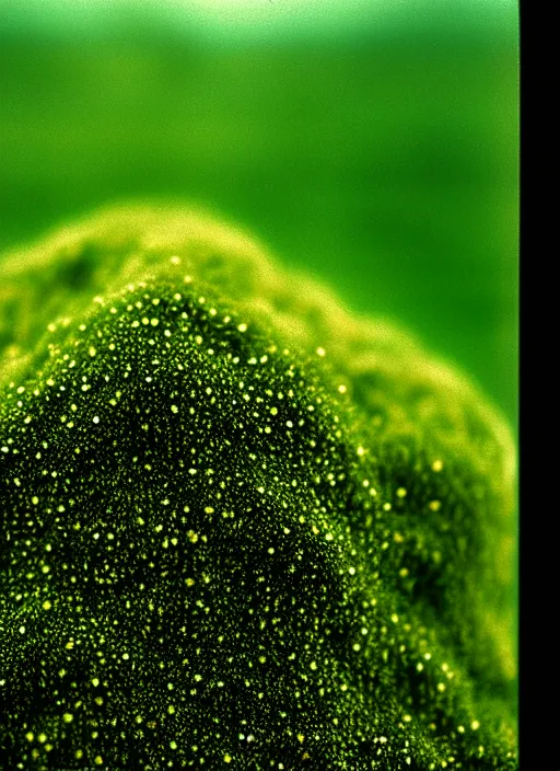 Image similar to realistic photo of a moist moss covered with white dots, fluffy microbe ; 1 9 9 0, microscope, closeup, bokeh, natural colors, kodak ektar, 2 0 0 iso, 3 5 mm lens, bill henson