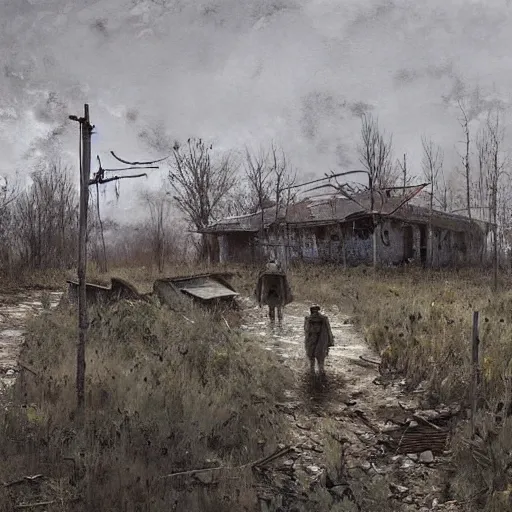 Image similar to painting of a abandoned post soviet town infested with humanoid root monsters by jakub rozalski