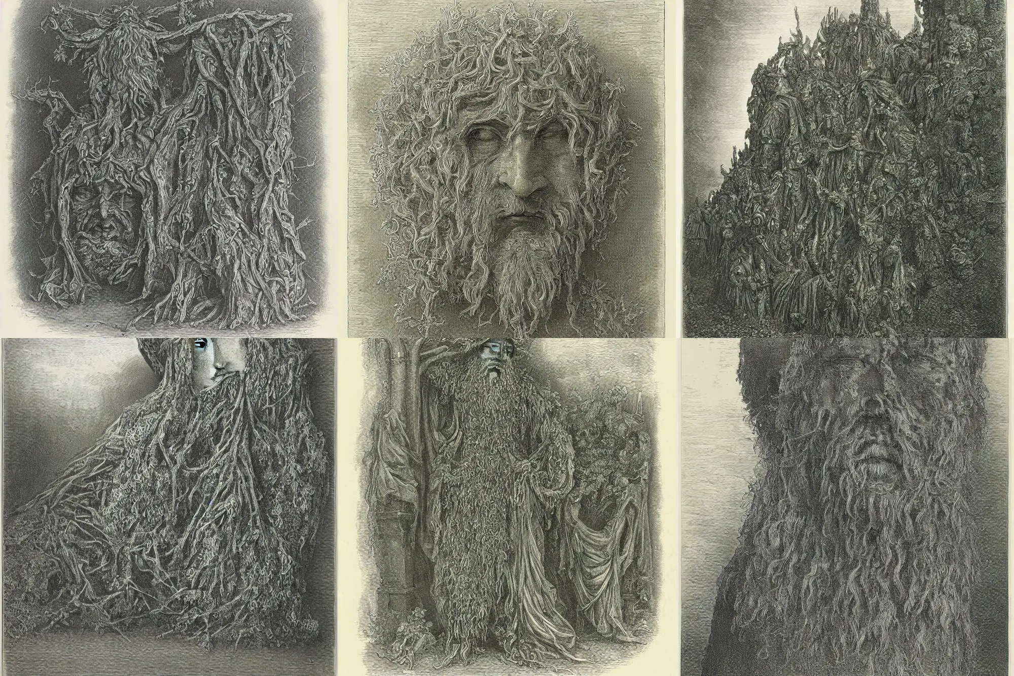 Prompt: a engraving of a green man face by gustave dore, architectural design, highly detailed, lithograph engraving