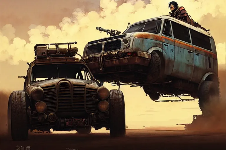 Image similar to dieselpunk mad max's 4 wd offroad honda kei van pursuit special : : speeding over the horizon : : painted by greg rutkowski makoto shinkai takashi takeuchi studio ghibli, akihiko yoshida