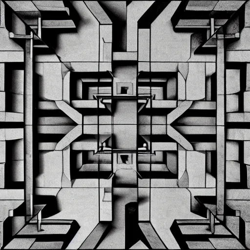 Prompt: m. c. escher rendering of a marble labyrinth, piranesi, optical illusion, trompe l'oueil, geometric right angle design, fine art photograph, architectural detail editorial photo