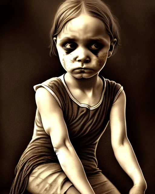 Image similar to creepy child, hopelessness, staring out, sepia, victorian, poor, ultra realistic, concept art, intricate details, cinematic, highly detailed