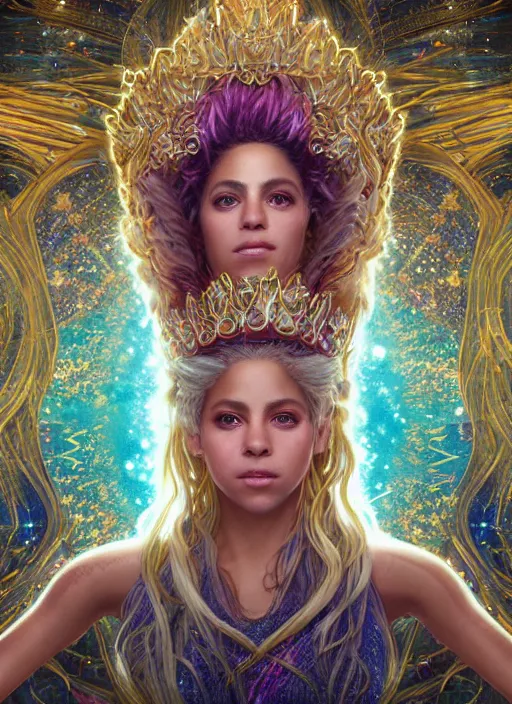 Image similar to cosmic portrait of shakira as queen of the universe, hyper detailed, digital art, cinematic lighting, studio quality, smooth render, unreal engine 5, octane rendered, art style by klimt and nixeu and ian sprigger and wlop and krenz cushart.