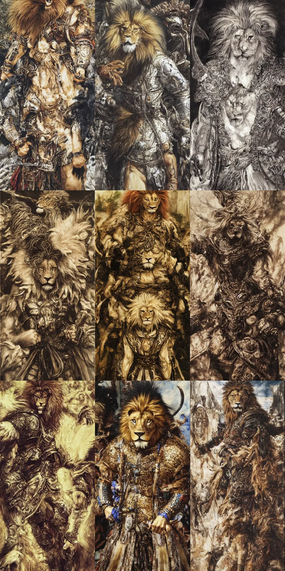 Image similar to 8 k yoshitaka amano painting of upper body of a young cool looking lion beastman with white mane at a medieval market at windy day. depth of field. he is wearing complex fantasy clothing. he has huge paws. renaissance style lighting.