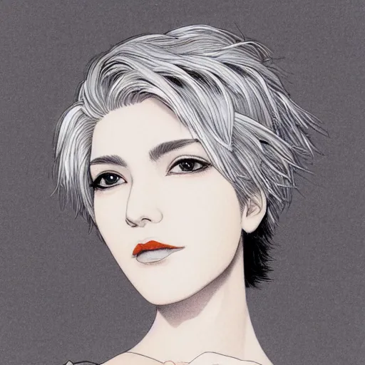 Prompt: portrait of a woman with short white hair, medium shot, illustration, highly detailed, high quality, by hirohiko araki