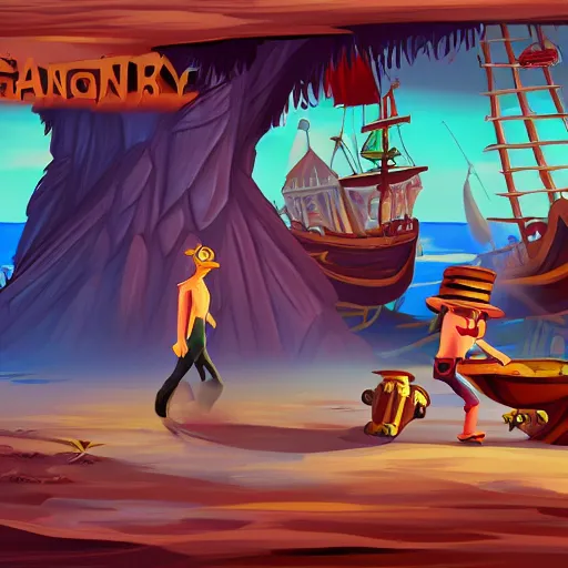 Prompt: screenshot of the game the curse of monkey island, feaatured on artstation