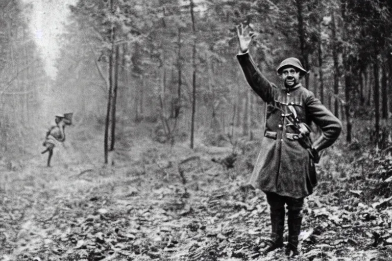 Image similar to an scary creature waving to a guy in the forest, ww1 photo, grainy, high detail, high resolution