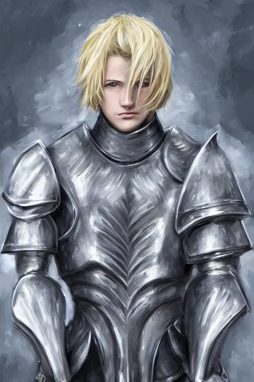 Image similar to a blonde male teenager wearing a silver plate armor, digital painting, digital art, oil painting, masterpiece, realistic and detailed face, profile picture, realistic, highly detailed, high quality, symmetrical, low contrast, trending on deviantart, soft colors, soft lighting, face portrait, beautiful, elegant, castle in the background, bokeh, artgem style