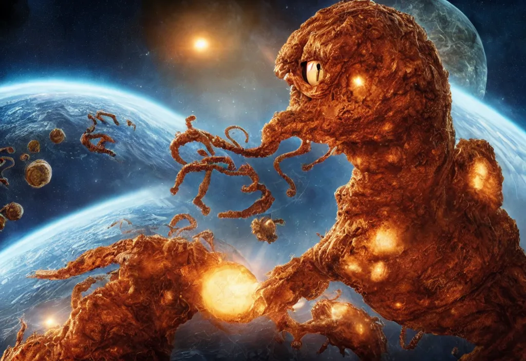 Image similar to eldritch horror bloody garfield in space, hd, 8 k, giant, epic, realistic photo, unreal engine, stars, prophecy, powerful, cinematic lighting, destroyed planet, debris, violent, sinister, ray tracing, dynamic, epic composition, dark, horrific, teeth, grotesque, monochrome drawing, hellscape, death, corpses, foreboding