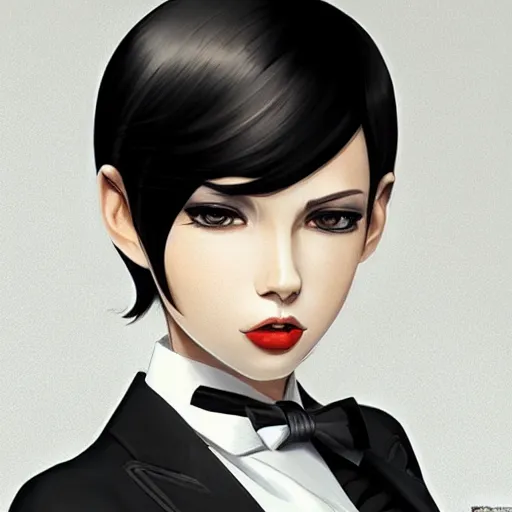 Image similar to slim cruel business girl in tuxedo with black bob hair, elegant, 2 d, ultra highly detailed, digital painting, smooth, sharp focus, artstation, art by ilya kuvshinov! dream slim girl in tuxedo with short black hair, elegant, 2 d, ultra highly detailed, digital painting, smooth, sharp focus, artstation, art by ilya kuvshinov