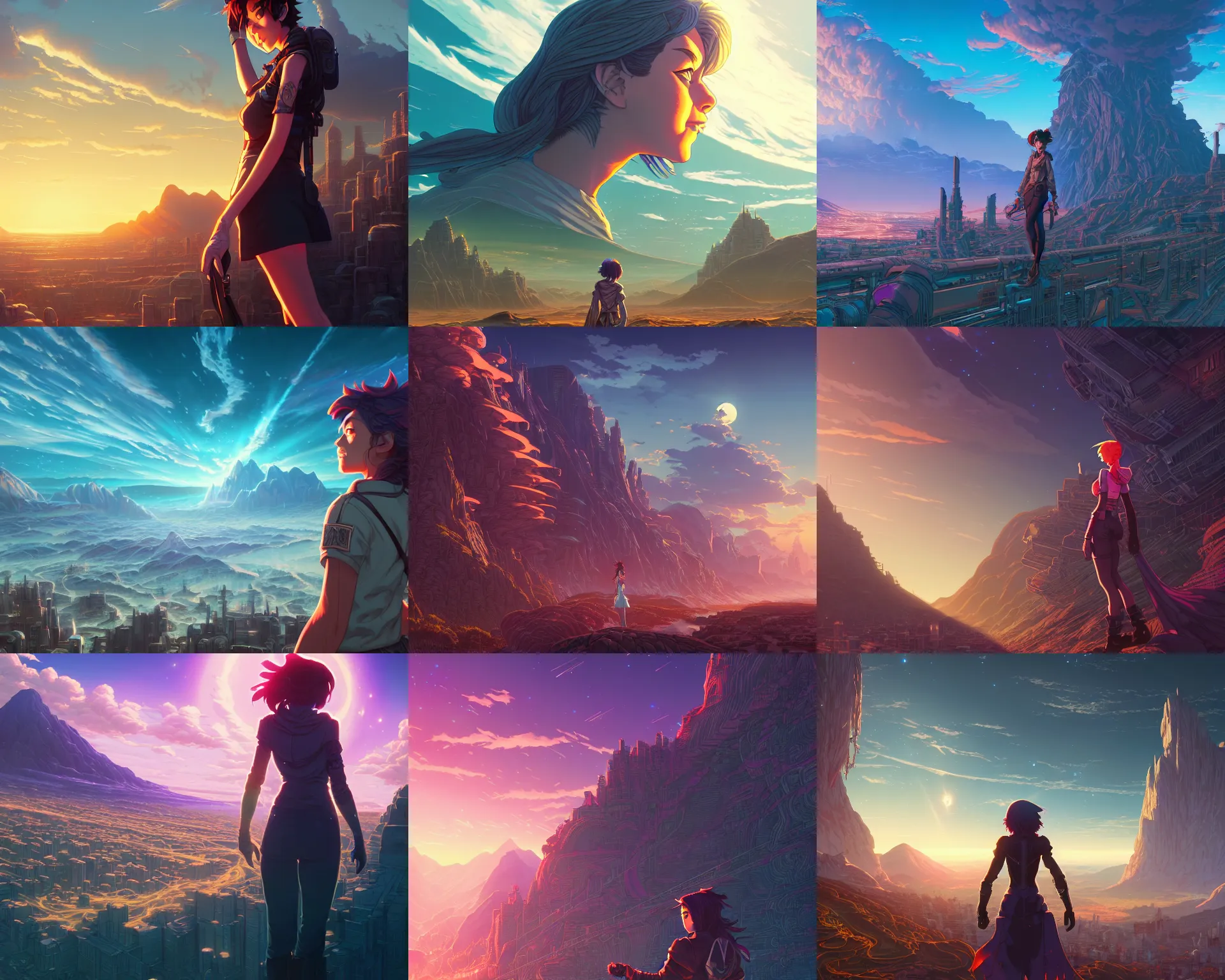 Prompt: full shot of lady looks over at wasteland by dan mumford, yusuke murata, makoto shinkai, ross tran, cosmic, heavenly, god rays, intricate detail, cinematic, cel shaded, unreal engine, featured on artstation, pixiv