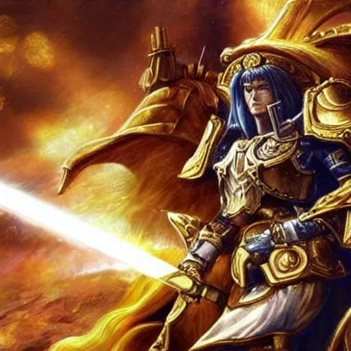 Image similar to The emperor of mankind in golden armor, with long black hair, holds a plasma sword. On the background of the battle on the planet. Futuristic style, super detail.
