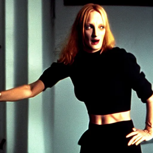 Prompt: uma thurman in bladerunnet by ridley scott, sexy black shorts, wearing black boots, wearing a sexy cropped top, 4 k quality, highly detailed, realistic, intense, cyberpunk