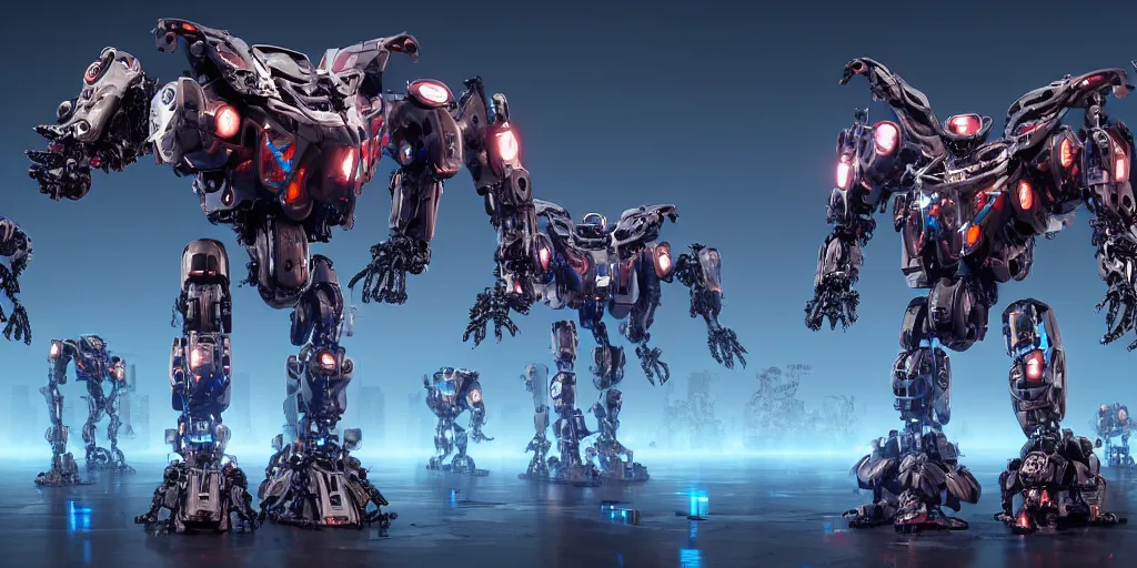 Image similar to an army of evil, malevolent, giant robot mechanical cyborg owls surrounded by computers and computer screens. this 4 k hd image is trending on artstation, featured on behance, well - rendered, extra crisp, features intricate detail and the style of unreal engine. volumetric lighting octane render