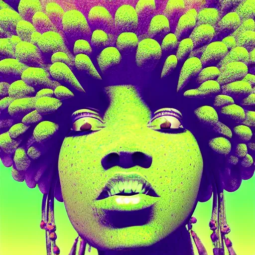 Prompt: female african marijuanna! shaman with an afro made of flowers, third eye art art by machina infinitum, complexity from simplicity, rendered in octane, mandelbulb 3 d, ambient occlusion, macro photography, felt!!! texture, tribal, neon! retrowave