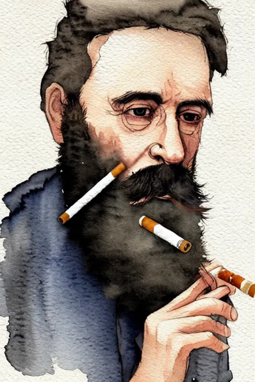 Image similar to portrait of a middle - aged writer with a beard, he is smoking a cigarette, watercolor style of greg rutkowski