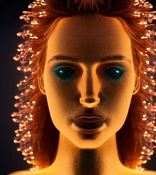 Image similar to bioluminescent long exposure light painting of a beautified full frame photo realistic face, lifelike incredible hair, crystalline masterpiece incrustations, gold, copper, bronze white plastic piping with specular highlights, hyperdetailed face, elegant pose, movie still, octane render, cinematic forest lighting,
