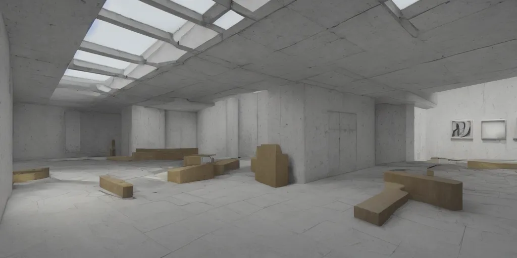 Image similar to coloured 3 d octane model of a brutalism art gallery, highly detailed