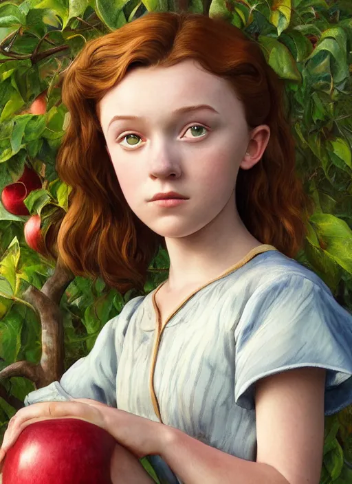 Image similar to well - lit art nouveau portrait of a 1 3 - year old girl who resembles millie bobby brown and sadie sink looking worried under an apple tree, natural lighting, path traced, highly detailed, high quality, cartoon, digital painting, by don bluth and ross tran and studio ghibli