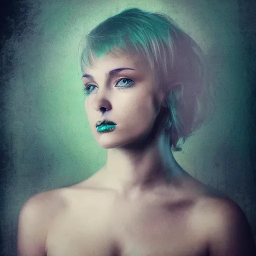 Image similar to a photo of a beautiful woman. moody and melanchony, with a little bit of tasteful cyan and green.