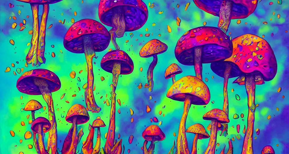 Image similar to a beautiful painting of trippy mushrooms by Tokio Aoyama, Mario Martinez, David Normal. photo-real, trending on artstation, dramatic lighting, minimal background.