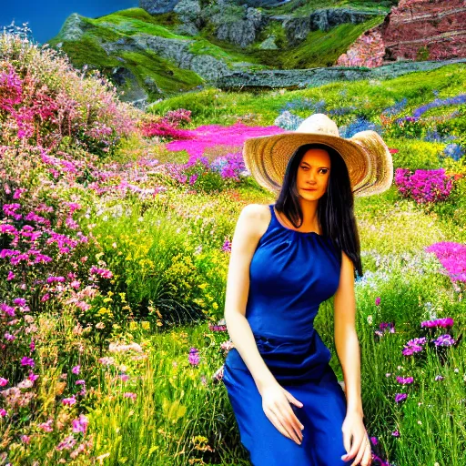 Image similar to a photograph of the most beautiful woman that has ever existed, surrounded by unique natural sightseeing accompanied by the most delicate flowers.