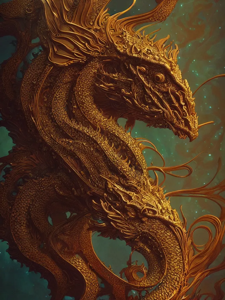 Prompt: close-up portrait dragon head, 3d composition, mucha, New art nouveau, gold betta fish, bioluminescent, intricate artwork by Tooth Wu and wlop and beeple. octane render, trending on artstation, greg rutkowski very coherent symmetrical artwork. cinematic, hyper realism, high detail, octane render, black studio background, 8k