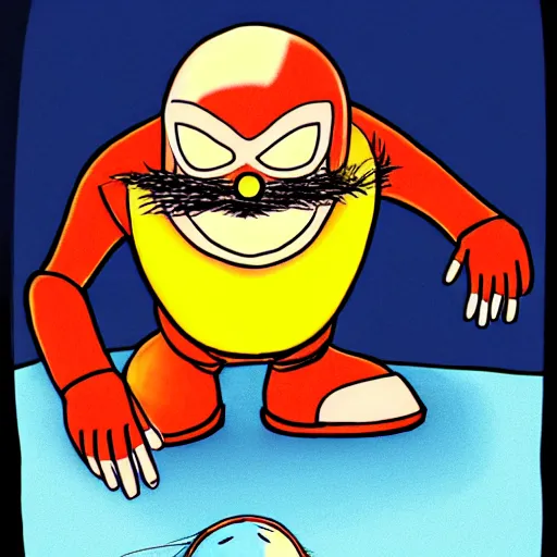 Prompt: professional illustration of doctor robotnik standing over the lorax, the lorax is laying down and making a longing face, blushing, digital drawing, black outlines, dark lighting, a moonlight glow is coming from a window, doctor eggman is making a confused face