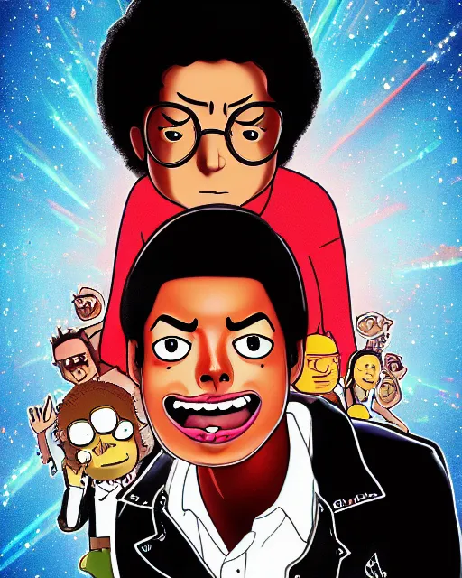 Image similar to portrait of michael jackson in the style of justin roiland. cinematic lighting. style of rick & morty. photographic, photography. by justin roiland