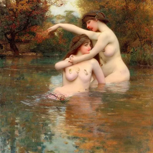 Prompt: three young women bathing fully clothed in a lake under fallings leaves of autumn, highly detailed painting by gaston bussiere and j. c. leyendecker 8 k