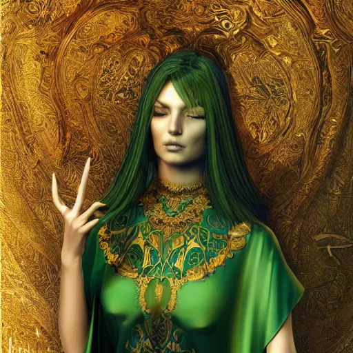 Image similar to a beautiful woman wearing a green kaftan made of silk with golden ornaments by alex gray and android jones , Karol Bak, Ayami Kojima, Amano , concept art, character design, fantasy,3D, 8k resolution