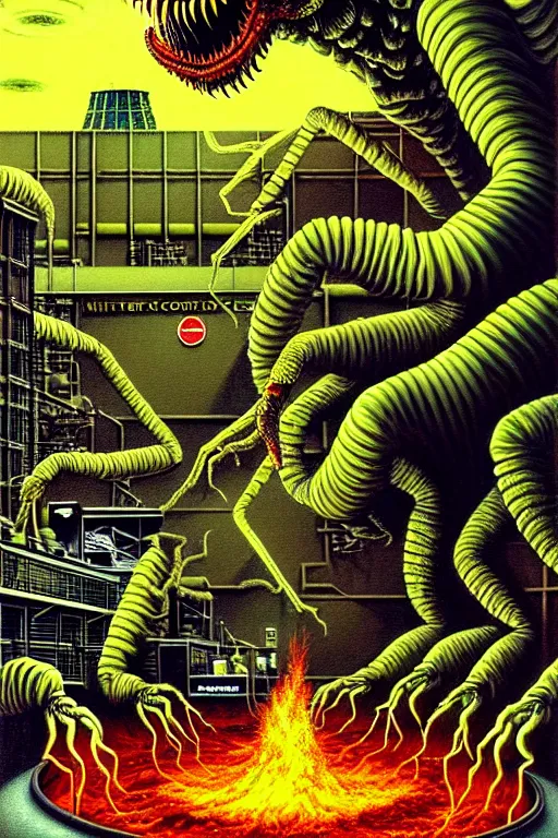 Prompt: a hyperrealistic detailed painting of a code red emergency at the nuclear power plant, radioactive scorpion radiation monster eating the laboratory, depth of field, by chris cunningham and richard corben, highly detailed, vivid color,