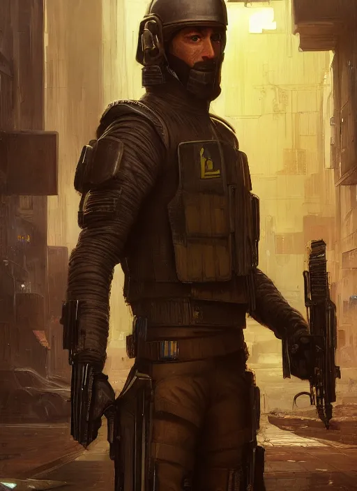 Prompt: saladin. cyberpunk police trooper in a military vest ( blade runner 2 0 4 9, cyberpunk 2 0 7 7 ). orientalist portrait by john william waterhouse and james gurney and theodore ralli and nasreddine dinet, oil on canvas. cinematic, hyper realism, realistic proportions, dramatic lighting, high detail 4 k