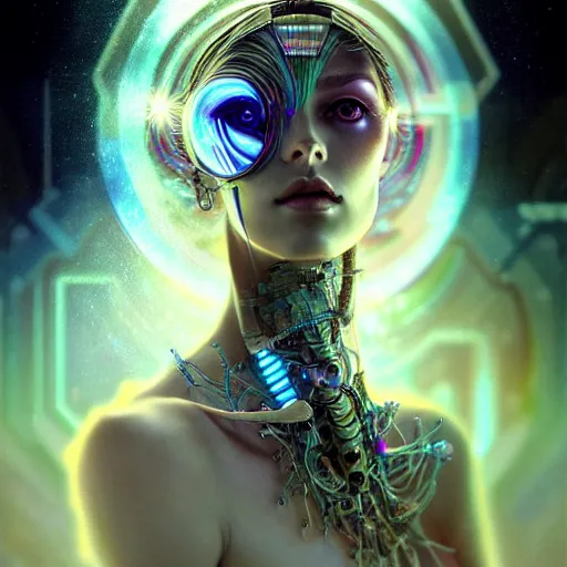 Image similar to extremely psychedelic beautiful cyborg queen of virus infected by night. intricate, elegant, highly detailed, extremely lifelike photorealistic digital painting, artstation. steichen, gaston bussiere, tom bagshaw, cyberpunk alphonse mucha. elegant minimalism. anatomically correct. sultry. sharp focus. white. surreal lush hallucination