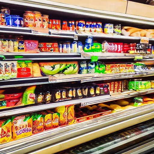 Prompt: grocery store shelf with food, highly detailed, high quality, HD, 4k, 8k, Canon 300mm, professional photographer, 40mp, lifelike, top-rated, award winning, realistic, sharp, no blur, edited, corrected, trending