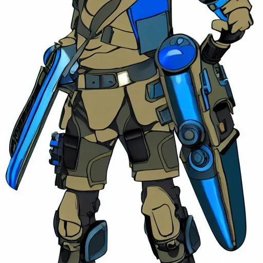 Prompt: a futuristic soldier captain with a metal visor and a blue shoulderpad in anime style