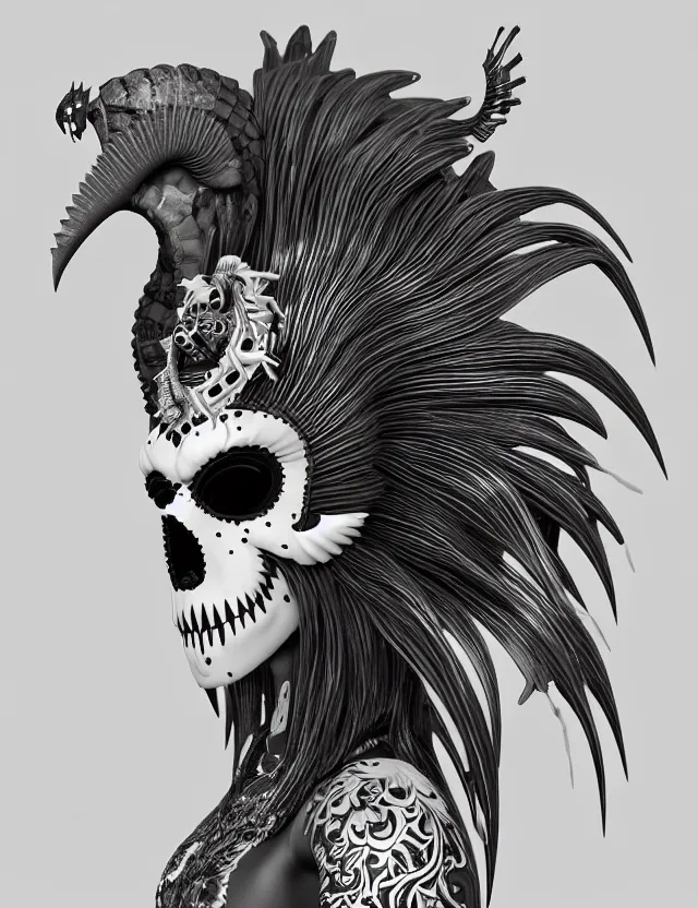 Image similar to 3 d goddess close - up profile simple portrait punk skull with mohawk with ram skull. beautiful intricately detailed japanese crow kitsune mask and clasical japanese kimono. betta fish, jellyfish phoenix, bio luminescent, plasma, ice, water, wind, creature, artwork by tooth wu and wlop and beeple and greg rutkowski