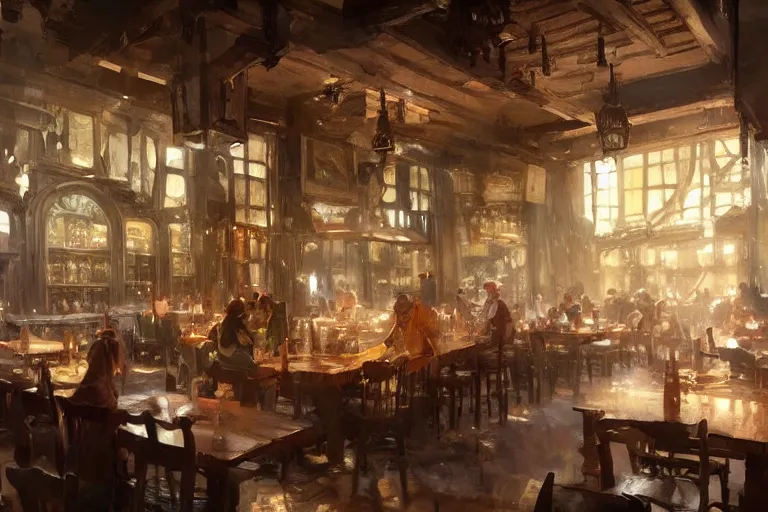 Image similar to A national geographic photo of the interior of an old inn restaurant filled with people by greg rutkowski, Trending on artstation