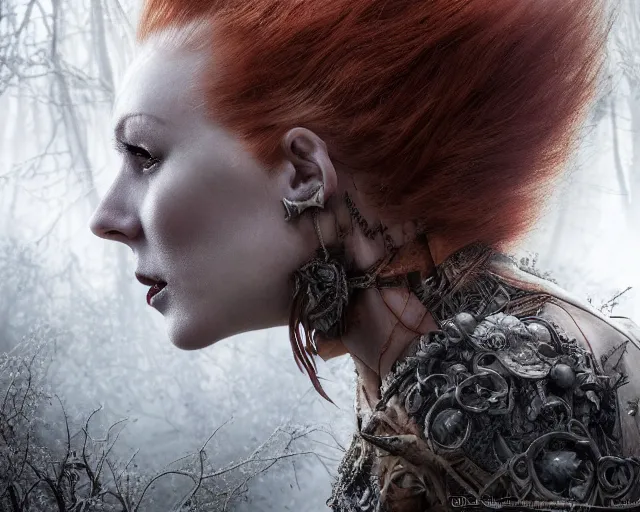 Prompt: 5 5 mm portrait photo of an armored gorgeous anesthetic redhead woman warrior with a face tattoo and sheep horns growing from her head, in a magical forest in the style of stefan kostic, art by luis royo. highly detailed 8 k. intricate. lifelike. soft light. nikon d 8 5 0. cinematic post - processing