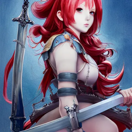 Prompt: a red haired female knight with a holy sword as an absurdly beautiful, elegant, sensual anime girl, blue background, ultrafine hyperrealistic detailed face illustration by kim jung gi, irakli nadar, intricate linework, sharp focus, bright colors, matte, octopath traveler, final fantasy, unreal engine highly rendered, global illumination, radiant light, intricate environment