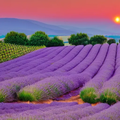 Prompt: lavender field in provence at sunset with a cat sitting in foreground